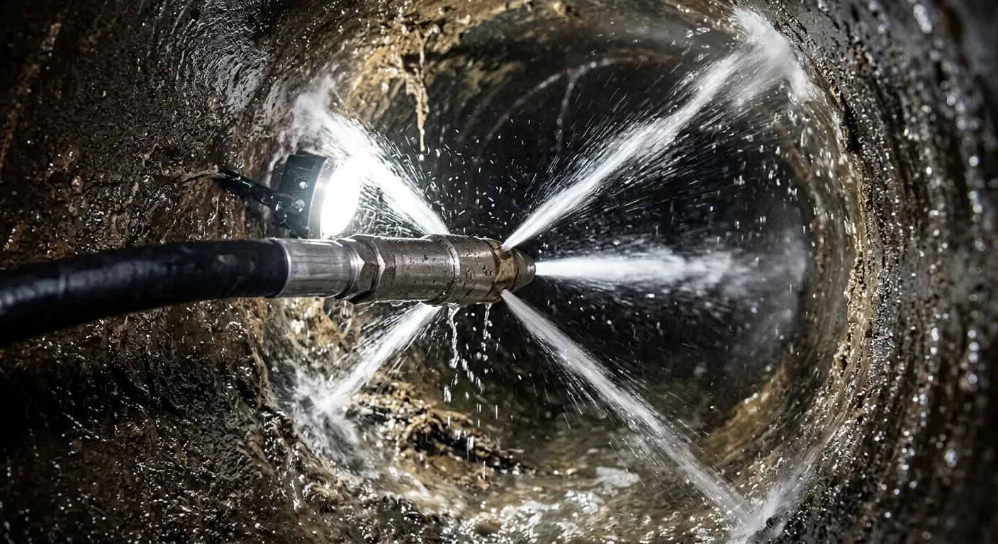 High-pressure hydro jetting nozzle cleaning sewer pipe for Emergency Drain Service in Fairview