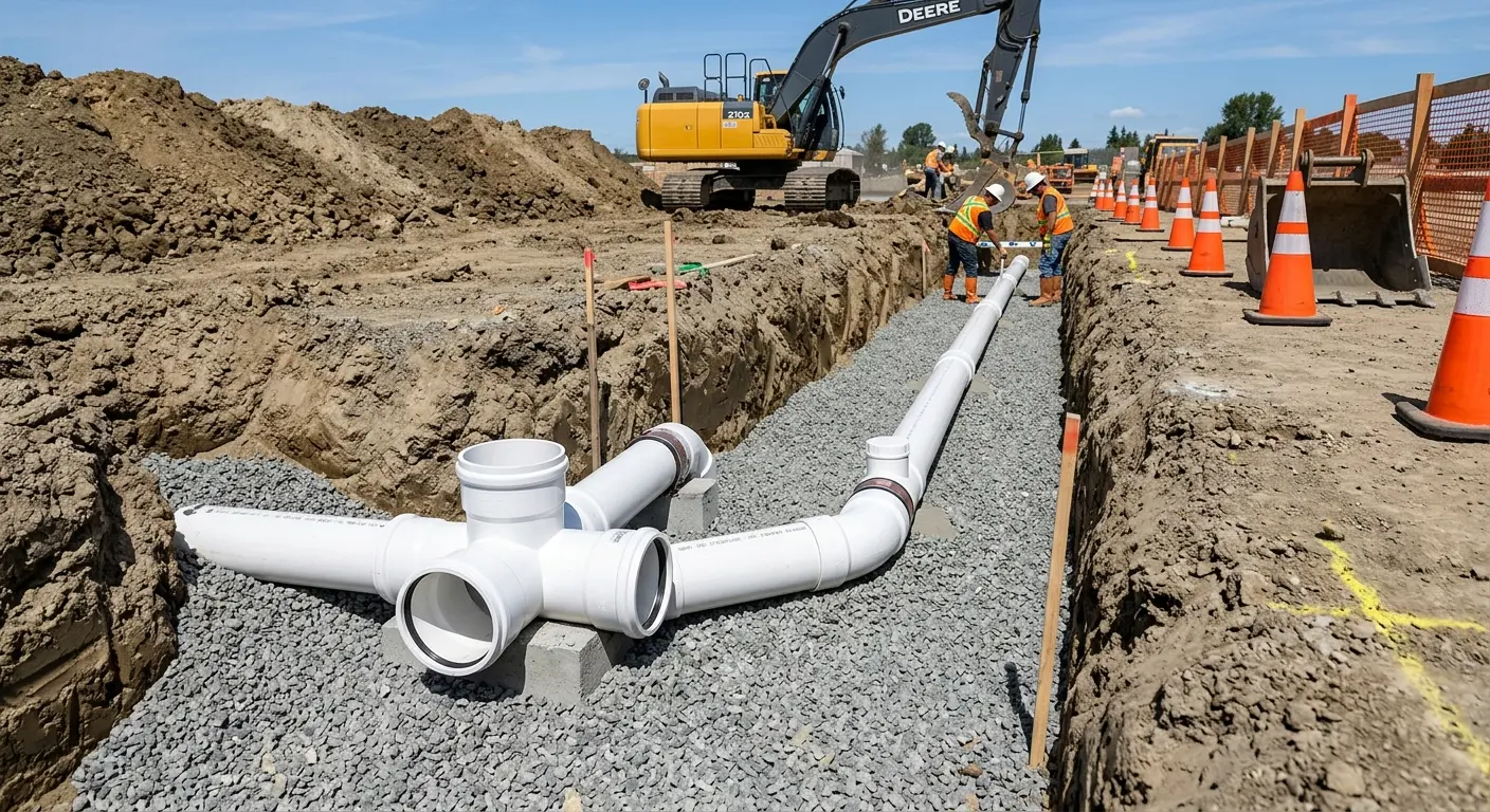 New PVC sewer pipe installation in open trench for Commercial Drain Cleaning in Fairview
