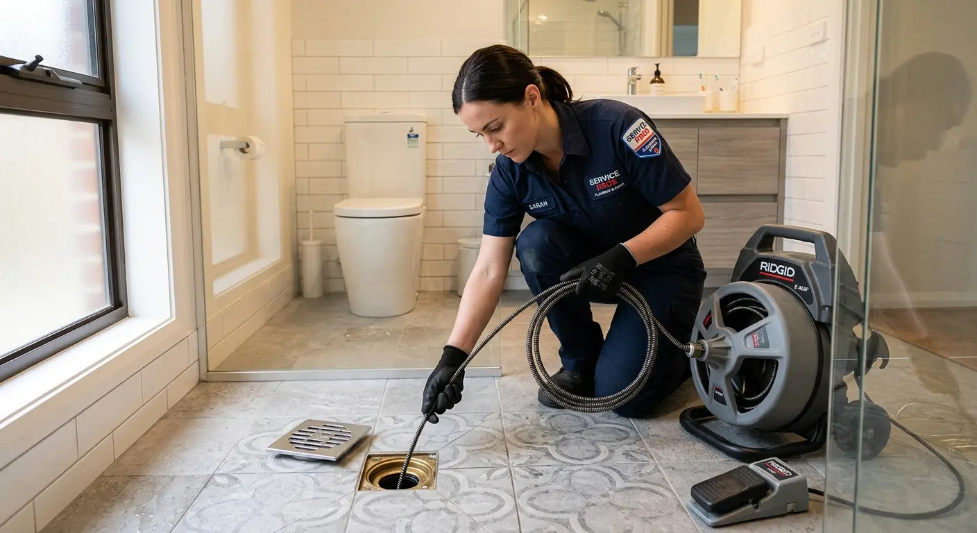 Technician clearing a bathroom floor drain for Clogged Drain Repair in Fairview